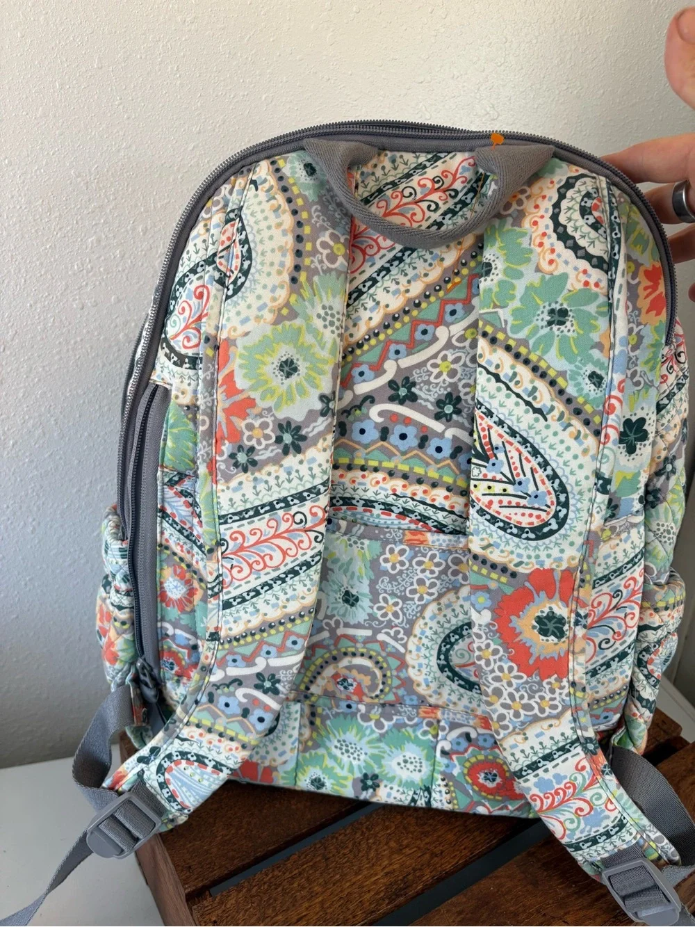 Vera Bradley Quilted Paisley Backpack in Gray with Coral & Aqua Accents